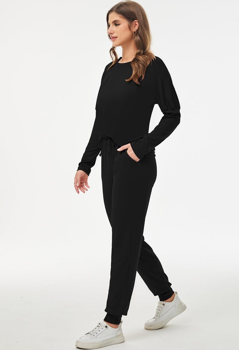 Fixmatti Womens 2 Piece Outfit Sweatsuit Casual T-Shirt Long Pant Sport Set Activewear Black L - Image 5